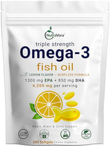 NutraVora Triple Strength Omega-3 Fish Oil – 4200 mg Per Serving with 1300 mg EPA + 850 mg DHA – Lemon Flavor Burpless Formula – Wild-Caught, Non-GMO, Gluten-Free – 300 Softgels