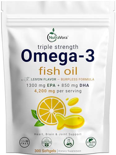 NutraVora Triple Strength Omega-3 Fish Oil – 4200 mg Per Serving with 1300 mg EPA + 850 mg DHA – Lemon Flavor Burpless Formula – Wild-Caught, Non-GMO, Gluten-Free – 300 Softgels