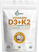 NutraVora Vitamin D3 K2 MK-7 Softgels – 10000 IU + 200mcg – 300 Count | 10-Month Supply