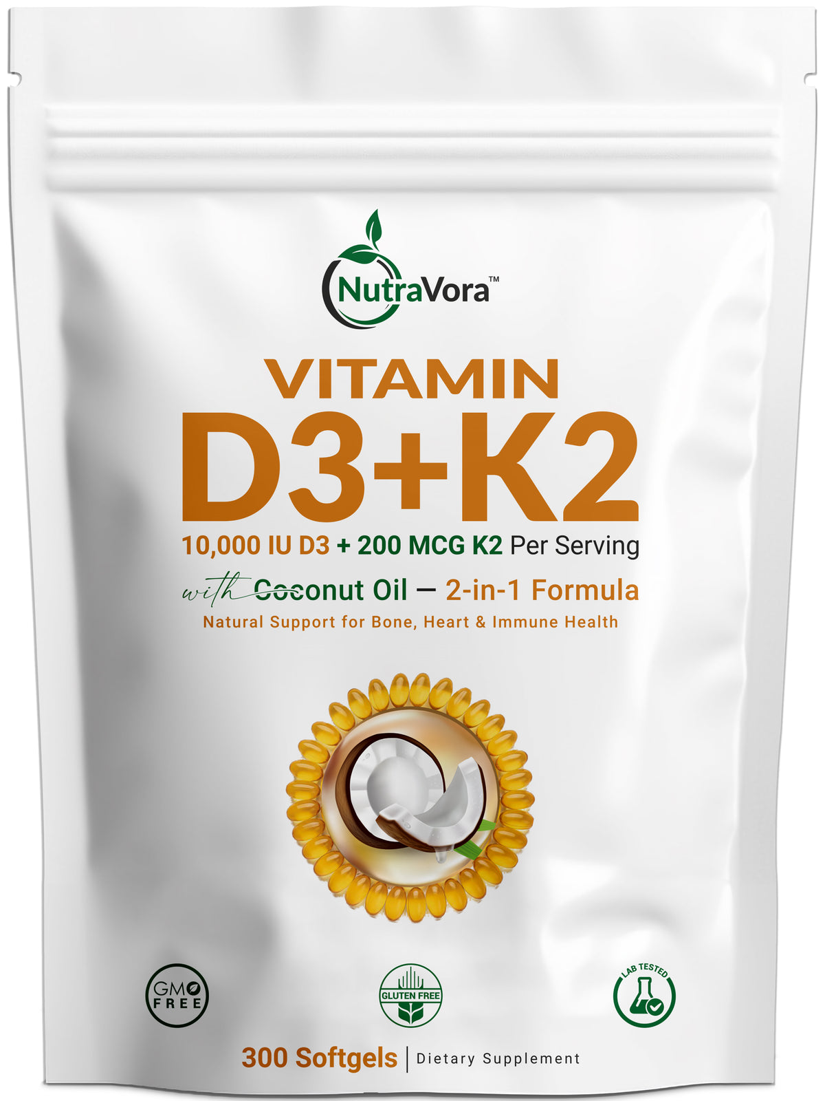 Nutravora Vitamin D3+K2 supplement package with coconut oil on a white background