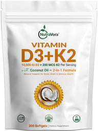 NutraVora Vitamin D3 K2 MK-7 Softgels – 10000 IU + 200mcg – 300 Count | 10-Month Supply
