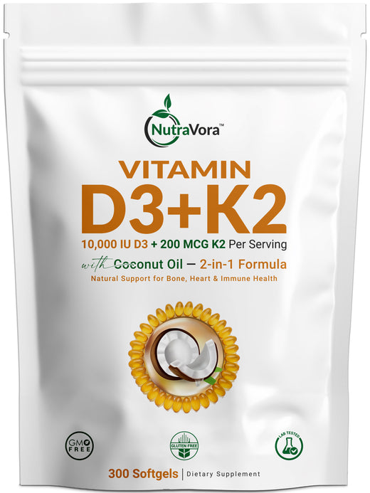 NutraVora Vitamin D3 K2 MK-7 Softgels – 10000 IU + 200mcg – 300 Count | 10-Month Supply