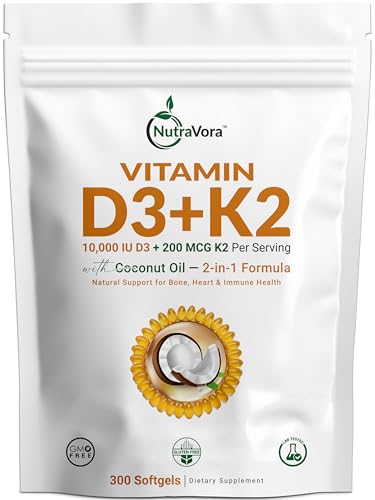 NutraVora Vitamin D3 K2 Supplement – 10,000 IU D3 (Cholecalciferol) with 200 mcg K2 MK-7 – High Strength Bone, Heart & Immune Support – Enhanced with Coconut Oil – Non-GMO, Gluten-Free – 300 Softgels