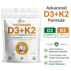 Vitamin D3 K2 – 10,000 IU D3 + 200 mcg K2 MK-7 – 300 Softgels