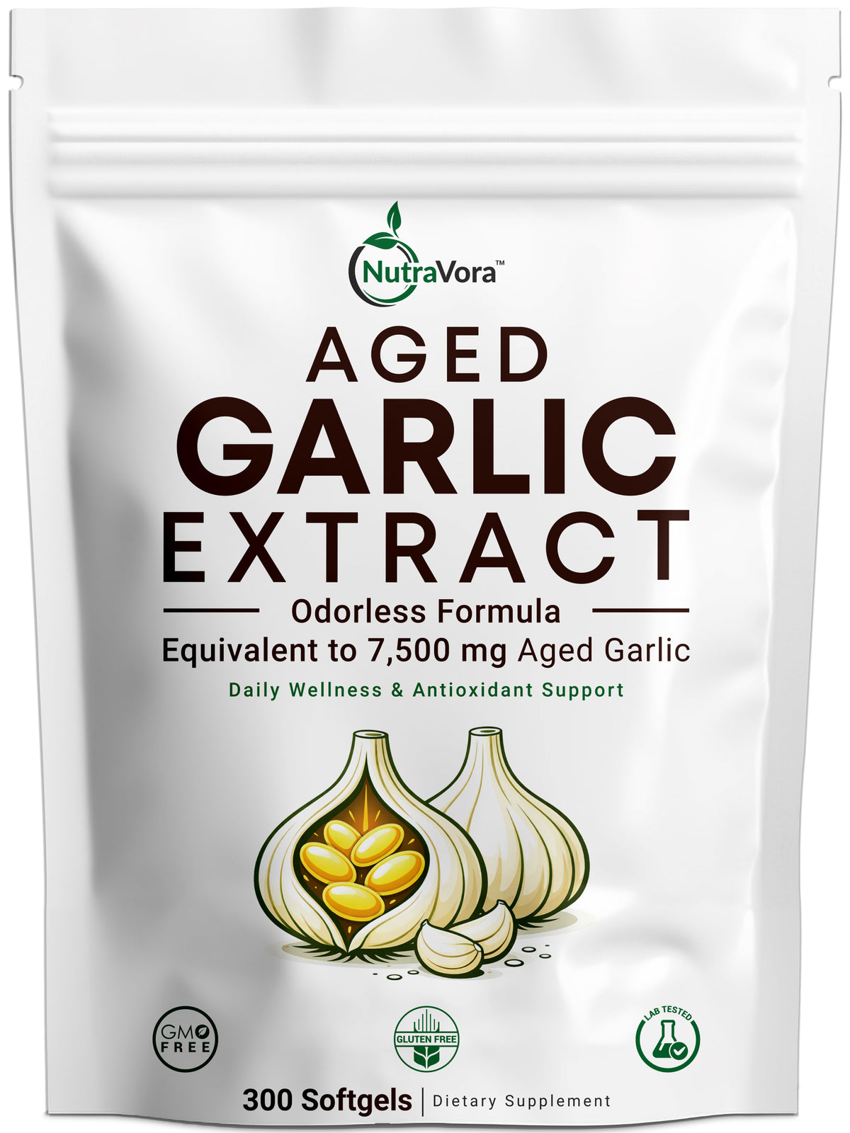 NutraVora Aged Garlic Extract Softgels – 7500mg – 300 Count | 100-Day Supply | Odorless