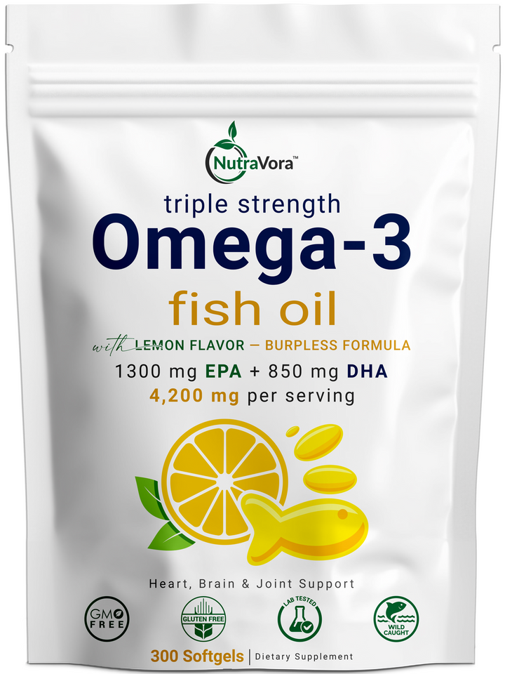NutraVora Triple Strength Omega-3 Fish Oil Softgels – 4200mg – 300 Count | 100 Servings