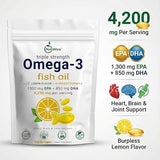NutraVora Triple Strength Omega-3 Fish Oil – 4200 mg Per Serving with 1300 mg EPA + 850 mg DHA – Lemon Flavor Burpless Formula – Wild-Caught, Non-GMO, Gluten-Free – 300 Softgels
