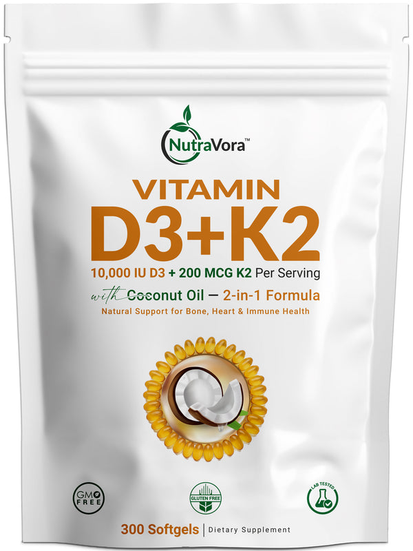 NutraVora Vitamin D3 K2 Supplement – 10,000 IU D3 (Cholecalciferol) with 200 mcg K2 MK-7 – High Strength Bone, Heart & Immune Support – Enhanced with Coconut Oil – Non-GMO, Gluten-Free – 300 Softgels