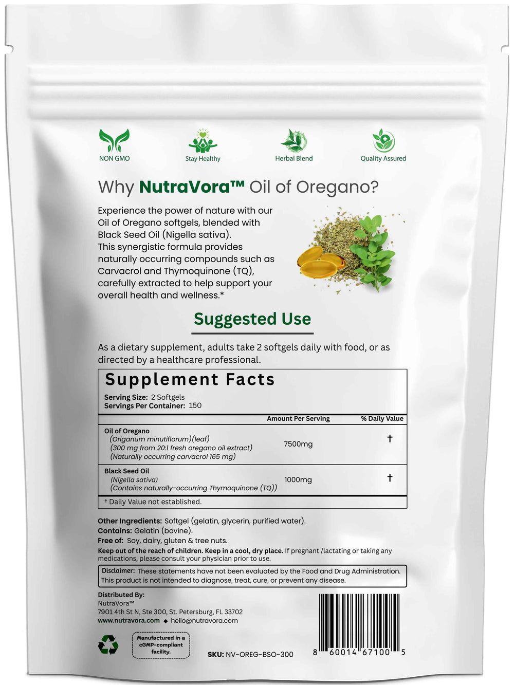 NutraVora Oil of Oregano with Black Seed Oil – 300 Softgels