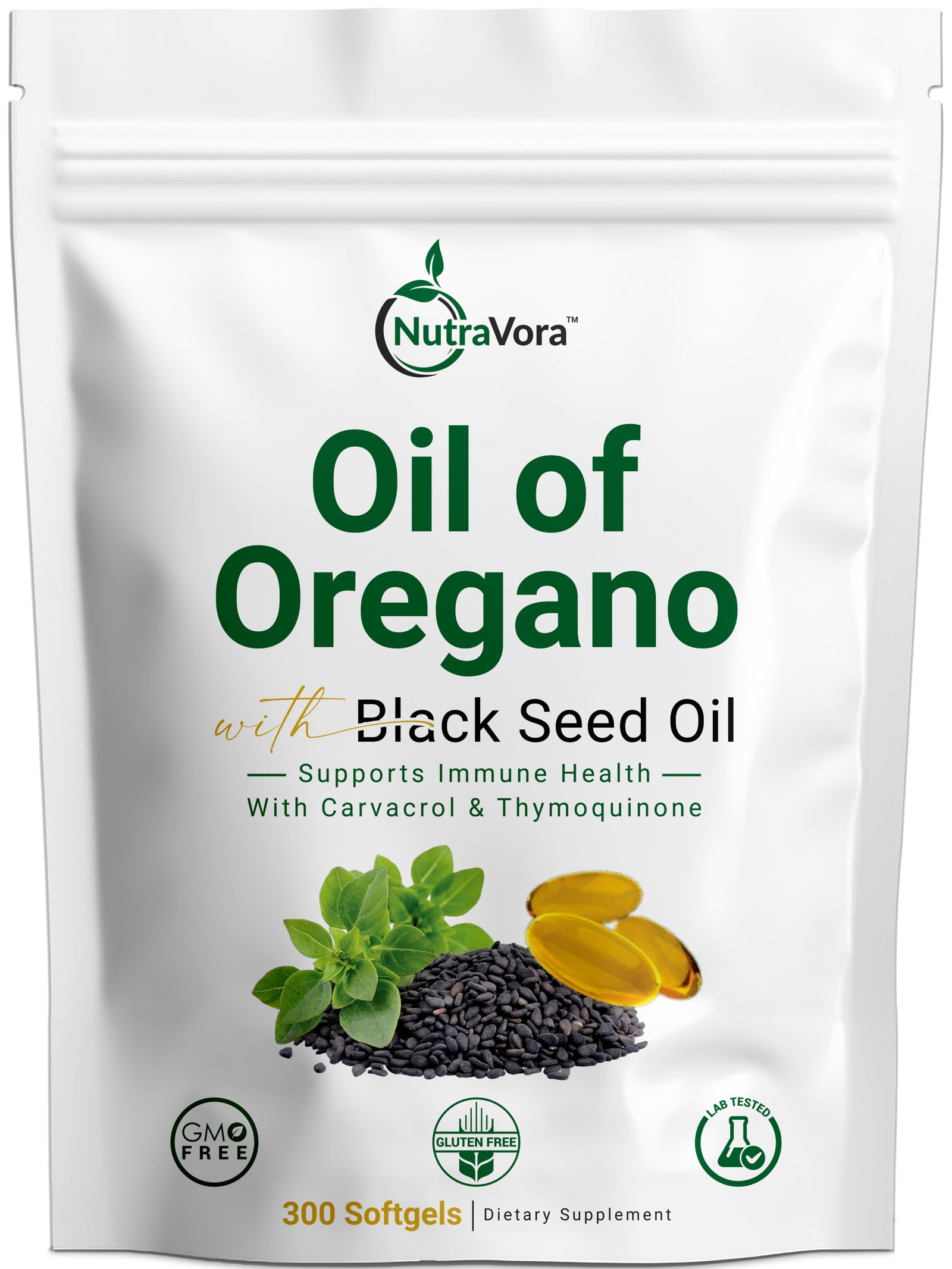 Nutravora Oil of Oregano with Black Seed Oil supplement package on a white background