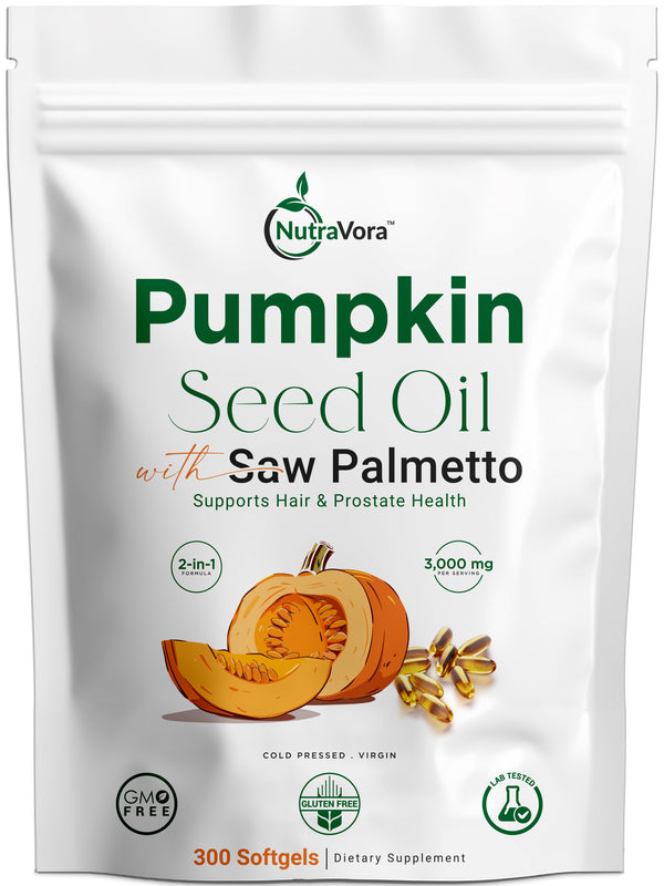 NutraVora Pumpkin Seed Oil with Saw Palmetto Capsules – Men’s Prostate, Hair & Hormone Support Supplement – 3000 mg High Potency Cold-Pressed Formula – Non-GMO, Gluten-Free, Lab Tested – 300 Softgels